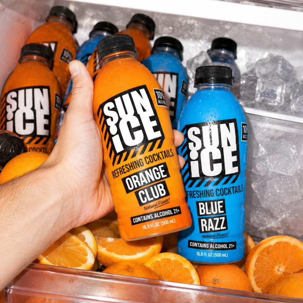 Blue Razz SUN ICE held on a boat with friends on a lake.