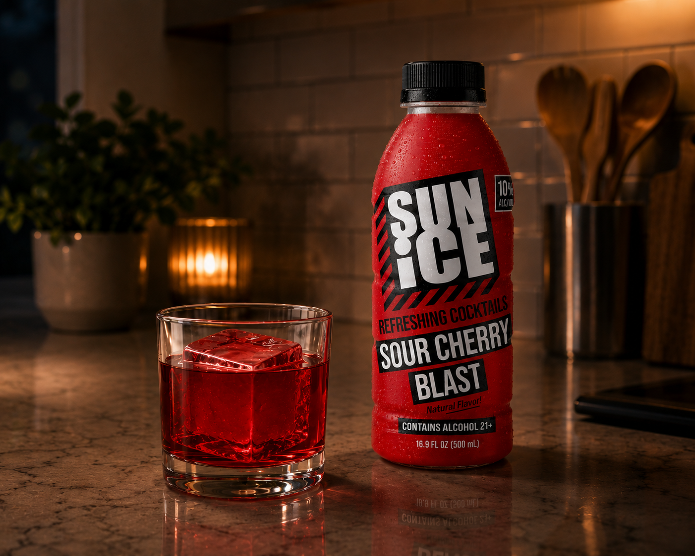 A SUN ICE cocktail poured over ice